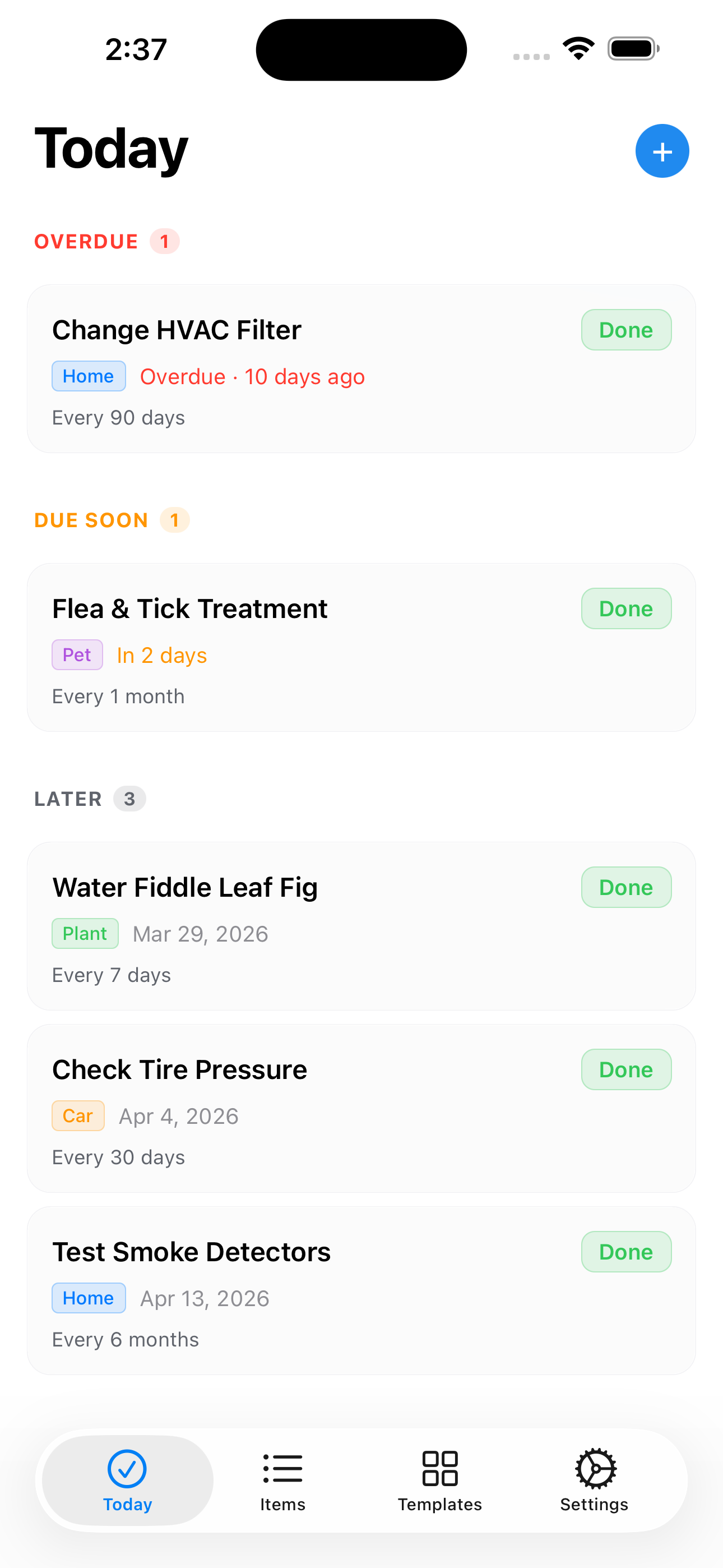 Today's tasks list with overdue, today, and upcoming sections.