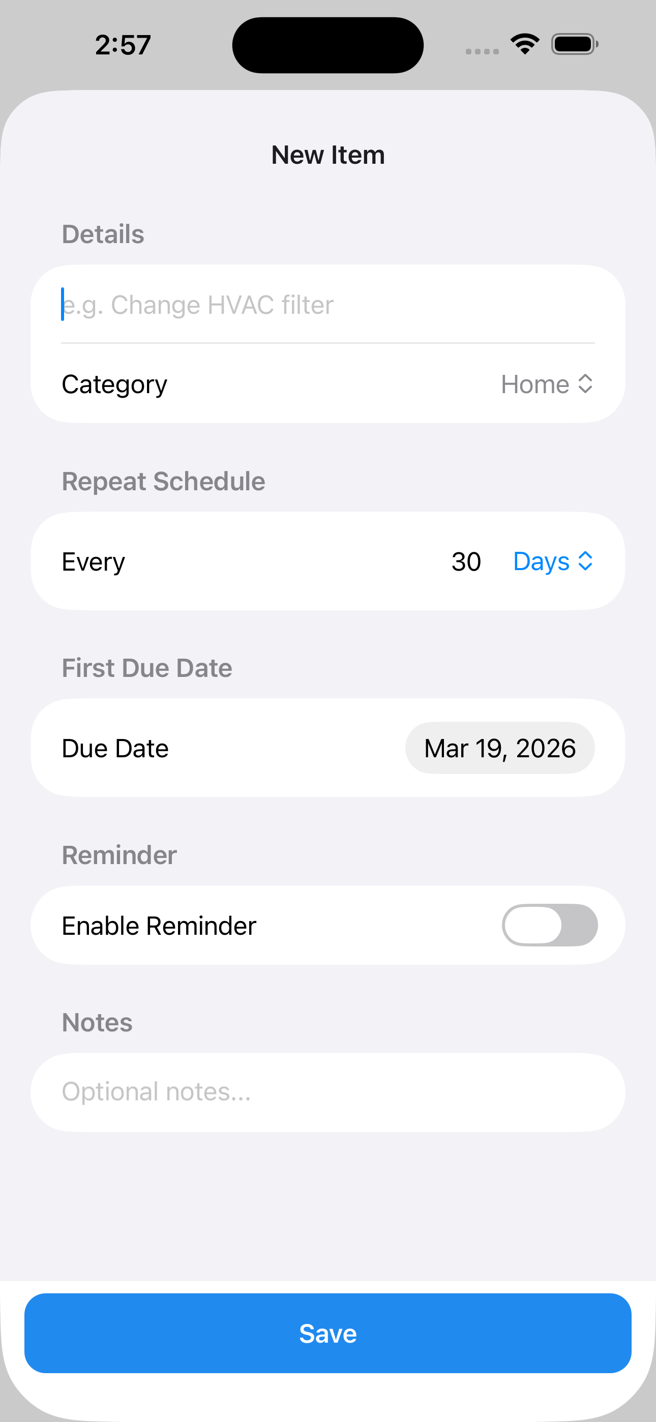 Add a new maintenance item, with name, category, and interval.