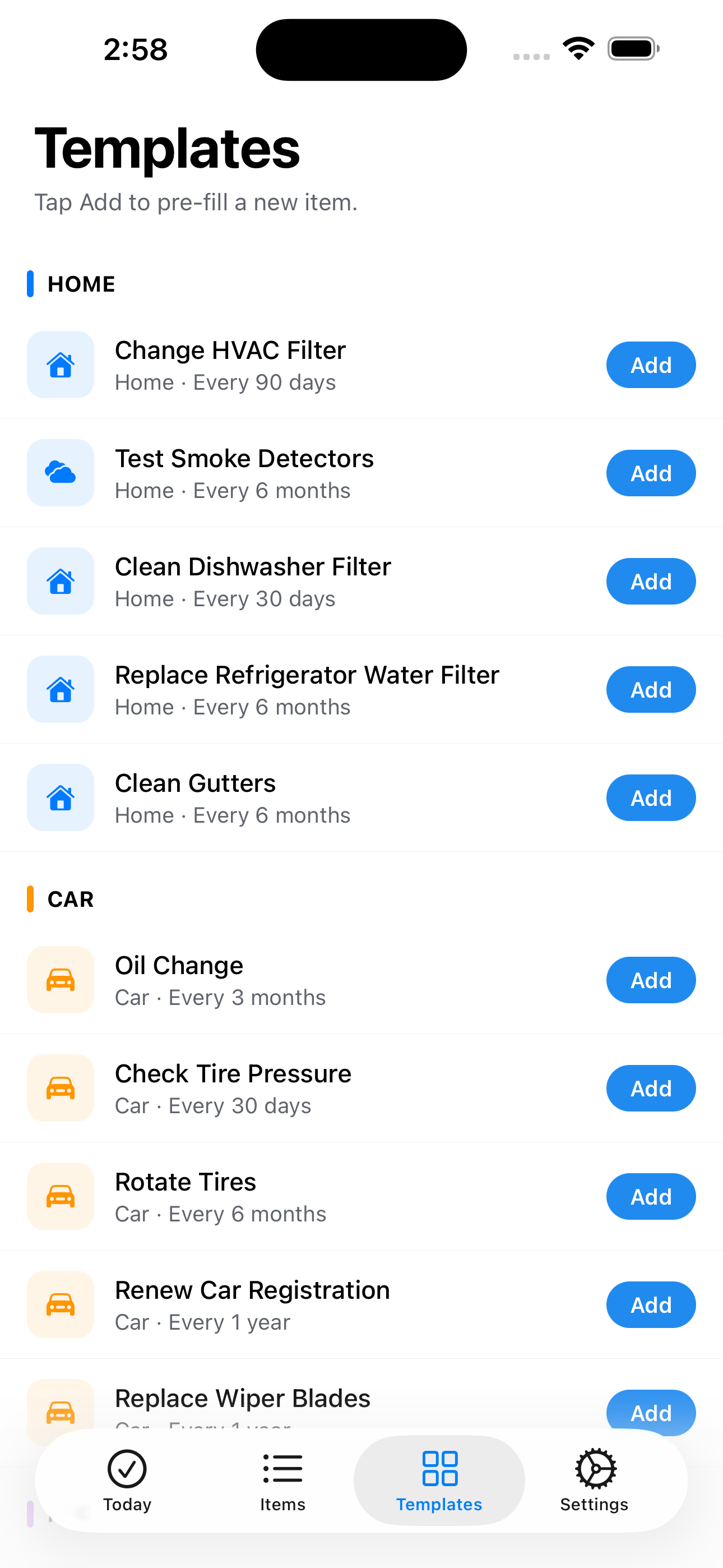 Built-in templates organized by category.